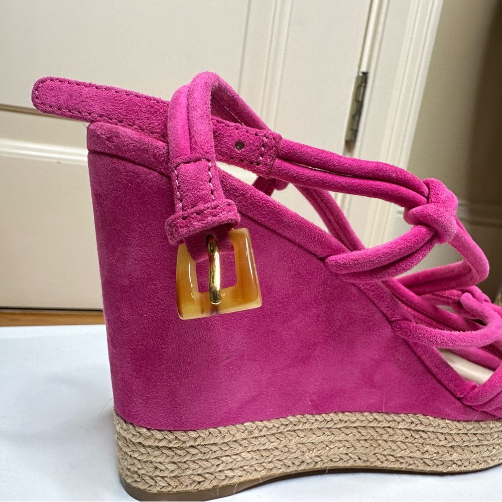 Prada, Fuscia Suede Raffia-Wrapped Espadrille Wedge Sandal, NWOT, Size 7 - Picture 4 of 10